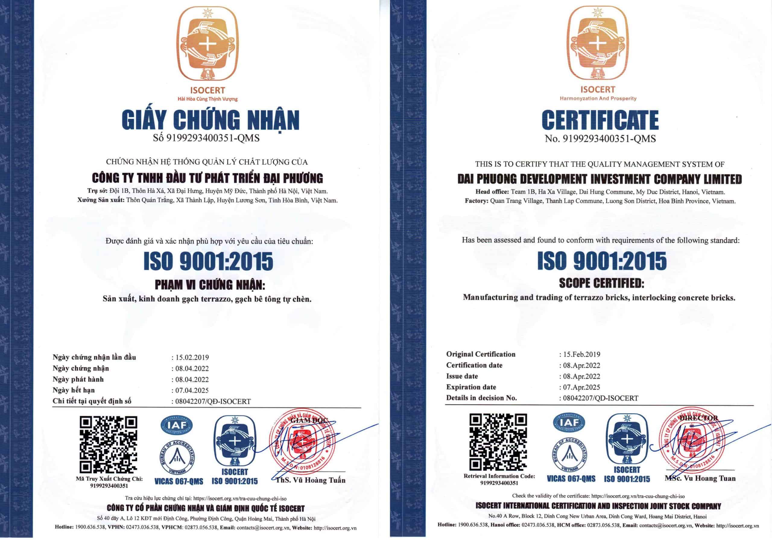 ISO-9001-2015 Cấp cho Nhà máy Đại Phương
